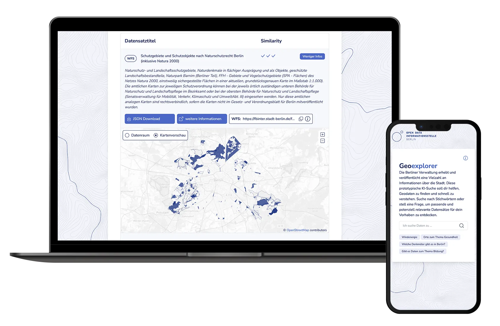Laptop und Smartphone, welche die Anwendung GeoExplorer zeigen.